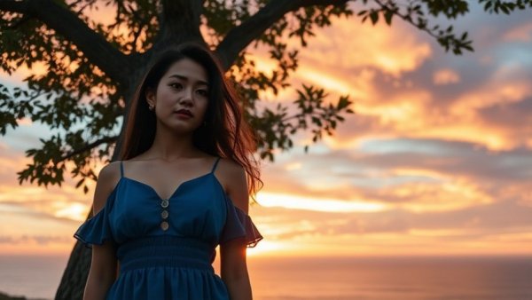 Serene woman embracing nature at sunset, vibrant clouds and sea.