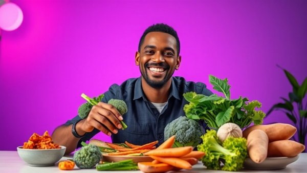 Smiling man with healthy foods, promoting how to live a healthy lifestyle.
