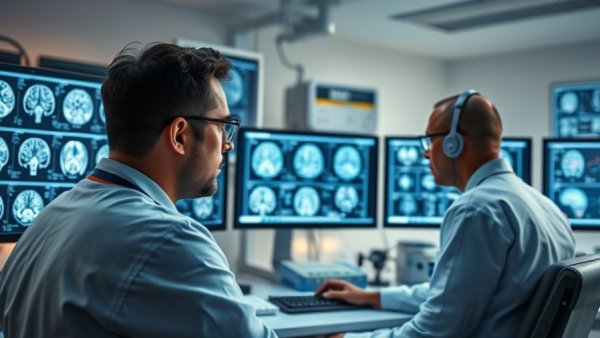 Medical professionals examining brain scans in a healthcare network environment.