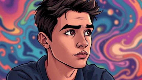 Pensive young man contemplating self-care routine, colorful illustration.