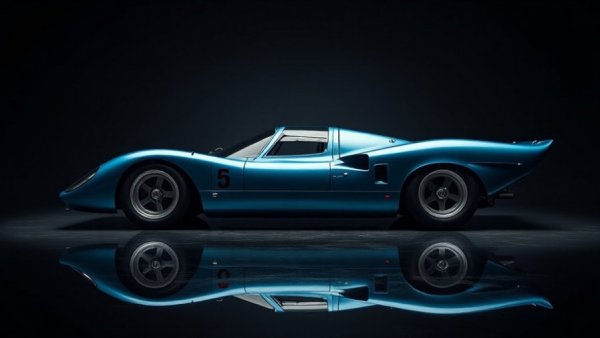 Lola T70 V8 race car elegantly displayed with reflections