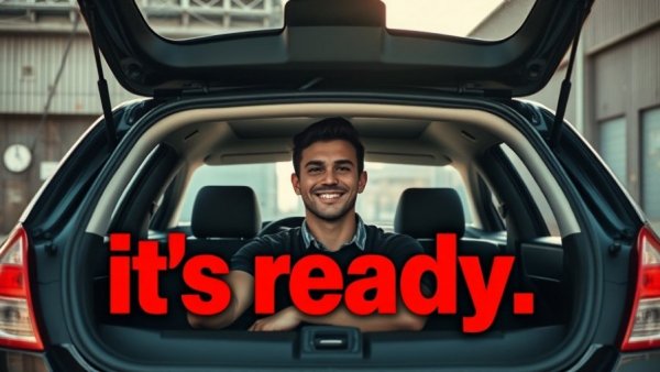 Young man in silhouetted car with 'it's ready.' text, urban setting.