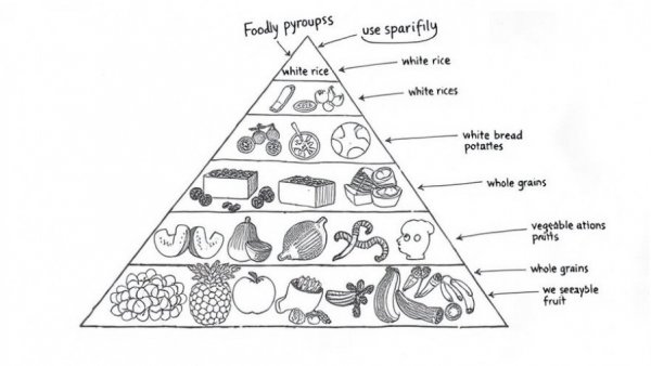 Illustrated nutrition pyramid with potatoes and dietary advice.