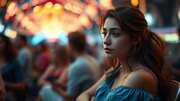 Young woman in blue dress practicing self-care routine amid lively party.