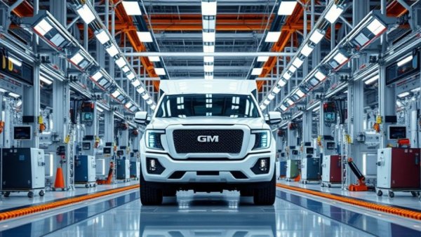 Futuristic truck at GM Factory ZERO assembly line, bright industrial setting.