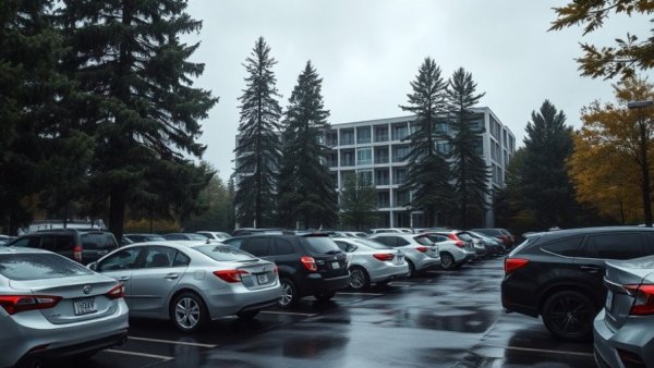 Parking lot scene on a rainy day with cars and trees.