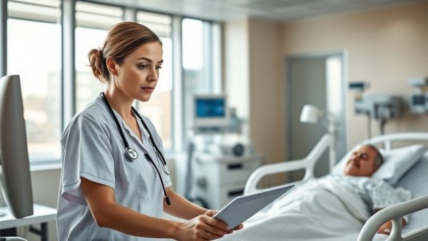 Nurse using computer in hospital room with patient, healthcare AI innovation