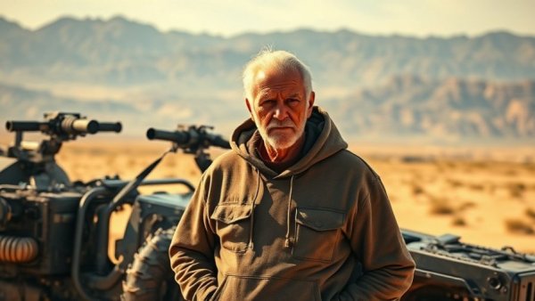 Elderly man and technical vehicle in desert landscape, modern warfare scene.