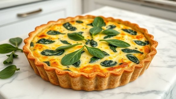 Spinach and Gruyère crustless quiche recipe, freshly baked.
