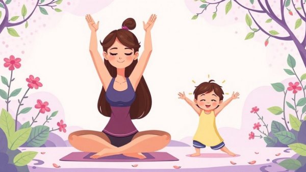 Cartoon yoga session with woman and child in pastel setting.