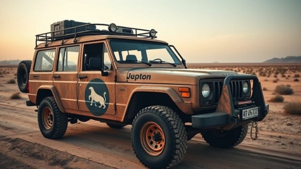 Off-road vehicle parked in dusty terrain, showcasing rugged design.