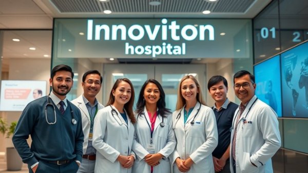 Healthcare professionals at innovation hub in hospital setting.