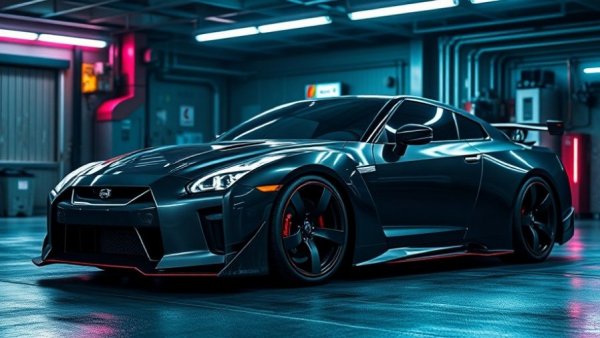 Next-Gen Nissan GT-R Hybrid V6 concept car in futuristic garage.