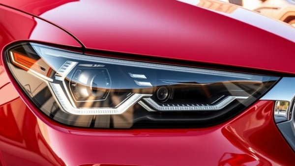 Close-up of modern red SUV headlight design highlighting details.