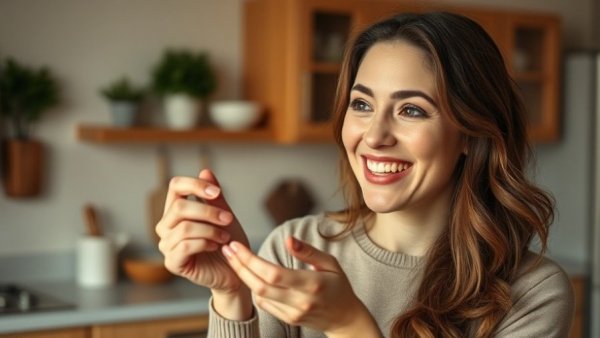 Woman sharing healthy lifestyle tips in a kitchen setting.