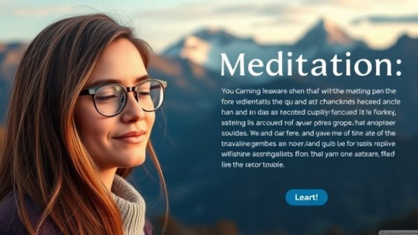 Mindfulness meditation promotion with serene mountain backdrop.