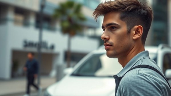 Young man contemplating by a car, overcoming obstacles in crash recovery case.