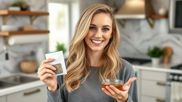 Blonde woman shares healthy lifestyle tips with tea in kitchen.