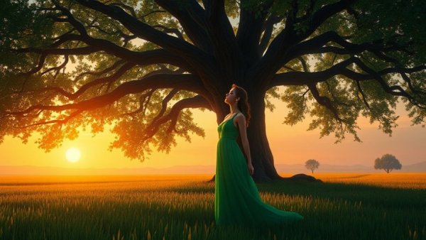 Woman enjoying self-care routine by tree at sunset.