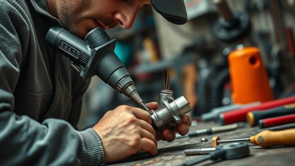 Technician in the biggest automobile industry using power tool on metal.