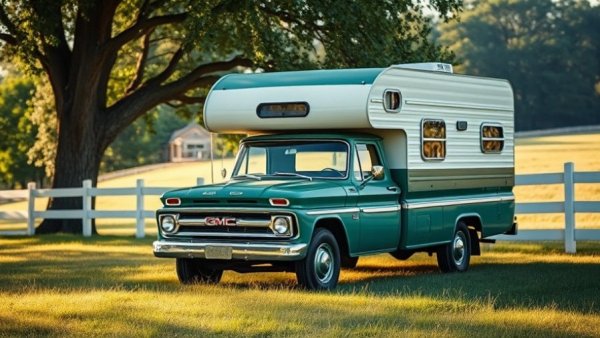 Vintage Overlanding scene with classic truck and camper in rural setting.
