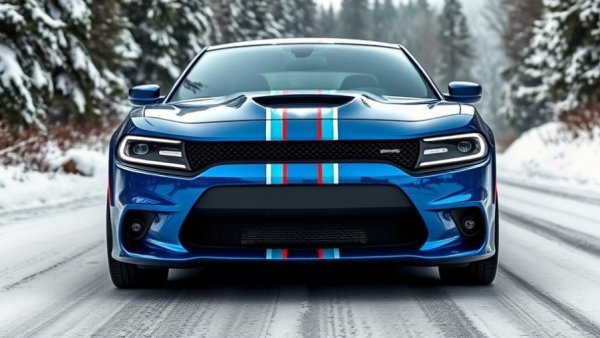 2025 Dodge Charger EV front view with racing stripes on a snowy road.