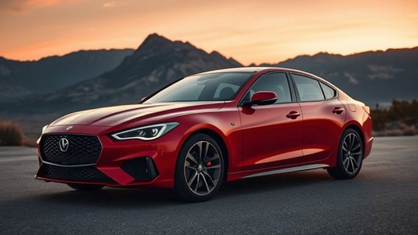 Sleek red sedan ideal for tall drivers, sunset mountain scenery.