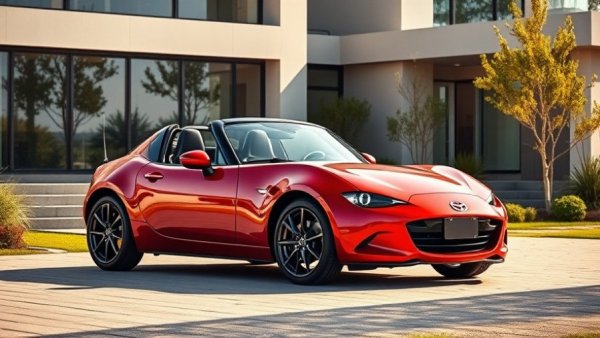 Sleek red Mazda MX-5 parked outside modern house, showing its value.