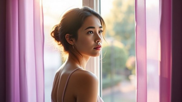 Woman embracing a calming self-care routine by window.