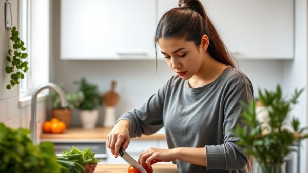 Young woman prepping vegetables in a modern kitchen.
