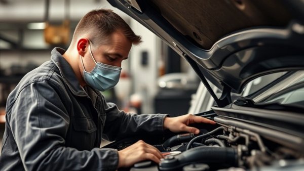 Mechanic checking car engine in garage - car buying guide for first-time buyers.
