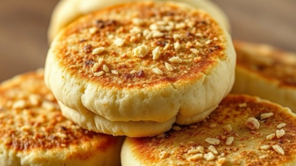 Golden brown high-protein cottage cheese English muffins stacked.