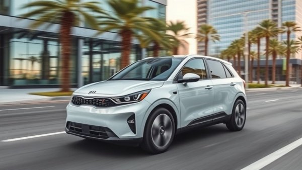 2027 Kia EV3 driving in a city showcasing its features