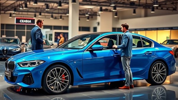 Two men discuss a vibrant blue luxury sedan in a showroom.