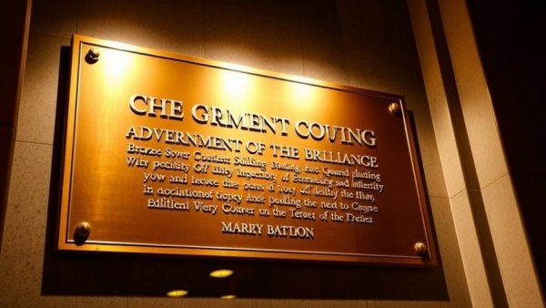 Bronze plaque with text at government entrance, rich lighting.