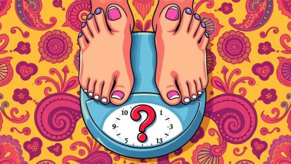 Illustration of feet on a scale symbolizing self-care routine.