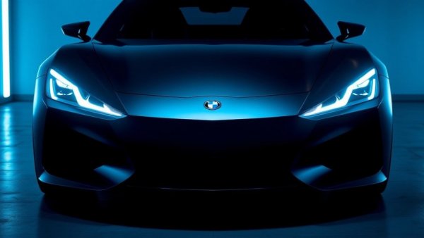 Futuristic car front with dramatic headlights in dim light