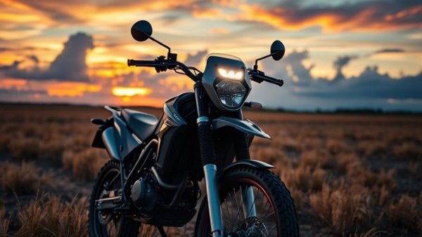 Japanese motorcycle displaying reliability at sunrise in a grassy field.