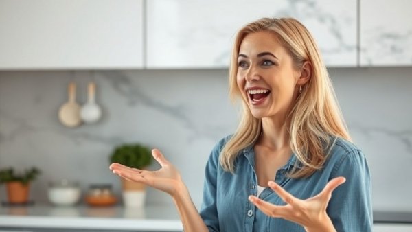Enthusiastic woman discussing healthy eating in kitchen.