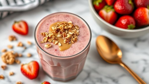 High protein breakfast smoothie with granola and peanut butter topping.