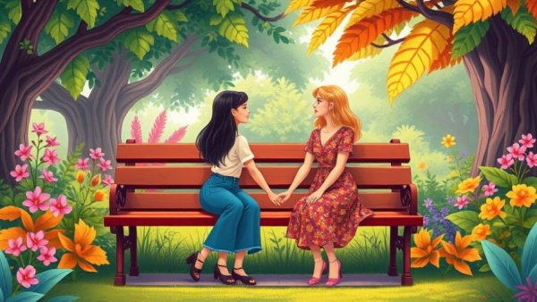 Two women on a bench, colorful park scene, self-care routine.