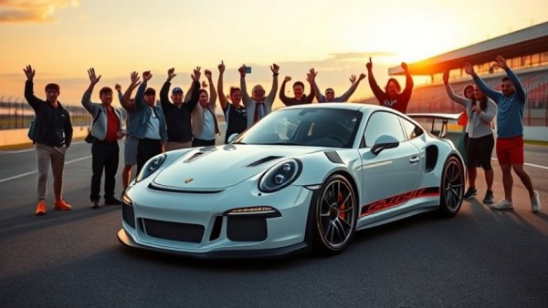 Porsche 911 GT3 RS team celebrating on the race track.