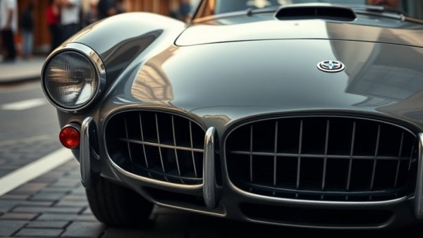 Close-up of vintage sports car front, showcasing sleek and classic design.