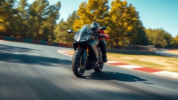 Motorcycle on racetrack showcasing dynamic movement.
