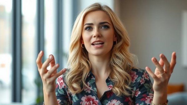 Woman sharing healthy lifestyle tips in a lively indoor setting.