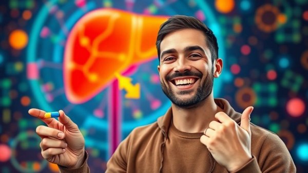 Cheerful man promoting healthy lifestyle with colorful pill and liver illustration.