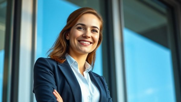 Professional smiling woman in office with modern glass windows