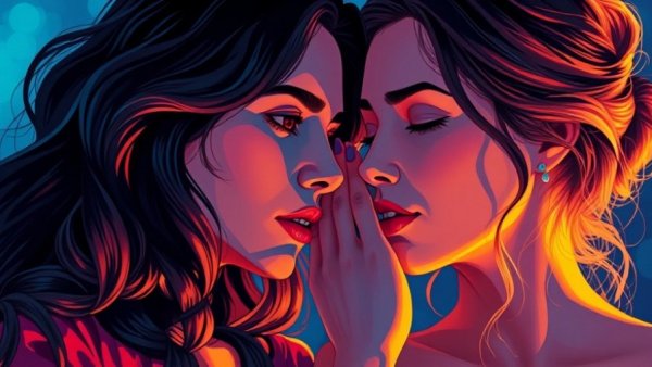 Colorful illustration of two women in a serene and intimate moment.