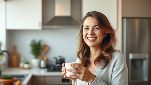 Healthy lifestyle tips shared by a smiling woman in a kitchen.