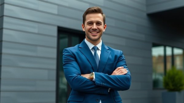 Confident man in suit representing professionalism, outdoors.